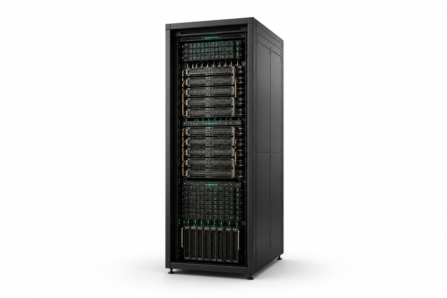 Vera Rubin NVL72 supercomputer rack in a clean studio